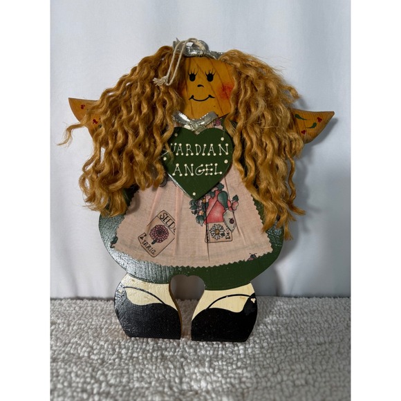 VTG Handmade Guardian Angel Wooden Wall Hanging Green Heart Rustic Decor - Picture 8 of 9